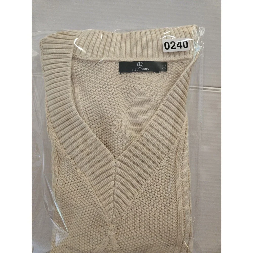 Lillusory Women's Cable Knit Sweater Vest XL Cream V-Neck Preppy Cottagecore